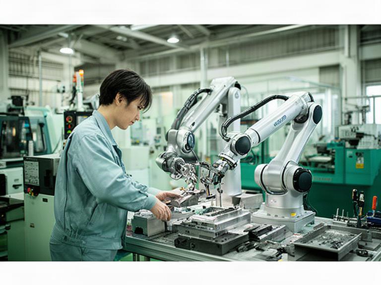 大阪府の金属加工工場で作業者と協働ロボットが組立作業を行う様子