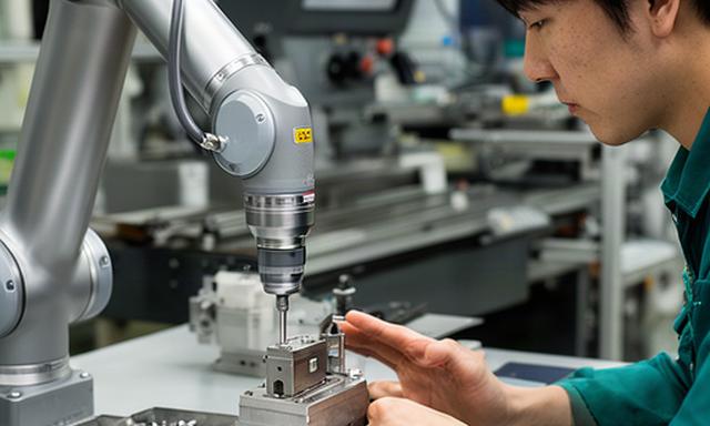 大阪の工場で協働ロボットが部品のネジ締めを行い作業者が隣で確認する様子