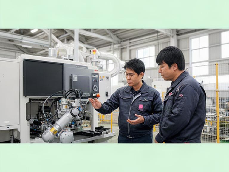 大阪の製造現場で設備を確認するロボット導入コンサルタントと現場責任者