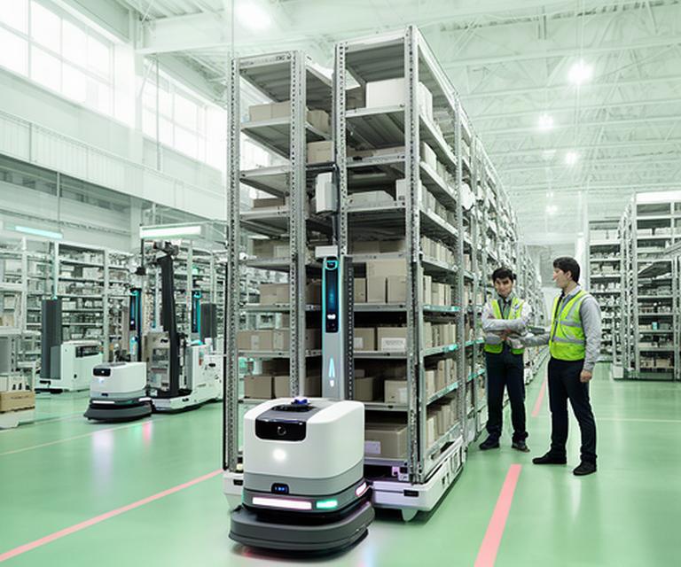 棚を載せた自律搬送ロボットが走る大阪の物流倉庫と作業スタッフ